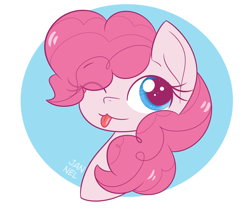 Size: 1400x1200 | Tagged: safe, artist:janelearts, character:pinkie pie, species:earth pony, species:pony, abstract background, blep, bust, circle background, cute, diapinkes, female, mare, one eye closed, portrait, simple background, solo, tongue out, white background, wink