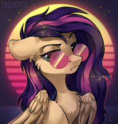 Size: 1400x1477 | Tagged: safe, artist:trickate, rcf community, oc, oc only, oc:bloodyshy, species:pegasus, species:pony, bust, glasses, looking at you, portrait, retrowave, solo