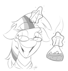 Size: 1425x1500 | Tagged: safe, artist:fakskis, character:twilight sparkle, species:pony, species:unicorn, clothing, crazy face, faec, female, grayscale, horn, lab coat, mad scientist, magic, mare, monochrome, potion, science, scientist, smiling, solo, vial