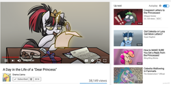 Size: 1251x624 | Tagged: safe, artist:pandan009, character:princess celestia, oc, species:pony, species:unicorn, chocolate, eating, fake screencap, fan mail, food, glasses, letter, llama, paper crown, quill, writing, youtube