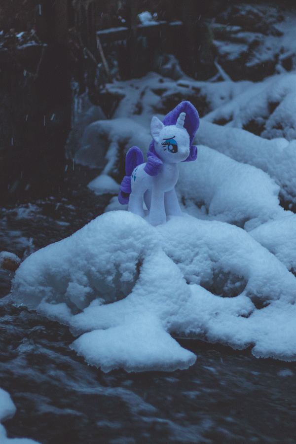 Size: 600x900 | Tagged: safe, artist:synch-anon, character:rarity, species:pony, species:unicorn, animated, irl, photo, plushie, snow, snowfall, solo, water, waterfall