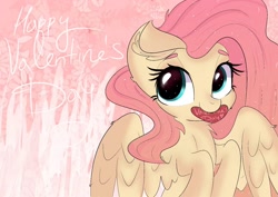 Size: 1446x1023 | Tagged: safe, artist:janelearts, character:fluttershy, species:pegasus, species:pony, cheek fluff, cute, ear fluff, female, heart, holiday, looking at you, mare, mouth hold, neck fluff, shyabetes, smiling, solo, spread wings, three quarter view, valentine's day, valentine's day card, wings