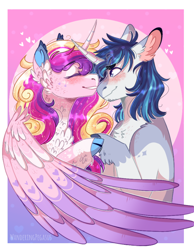 Size: 768x992 | Tagged: safe, artist:wanderingpegasus, character:princess cadance, character:shining armor, species:alicorn, species:pony, species:unicorn, ship:shiningcadance, blushing, eyes closed, female, holding hooves, male, nuzzling, shipping, straight