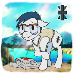 Size: 1920x1890 | Tagged: safe, artist:underwoodart, species:earth pony, species:pony, series:digiponies, bag, clothing, colt, crest, digimon, digimon adventure, glasses, insecure, joe kido, male, ponified, shy, simple background, sweater vest, timid, vest