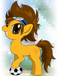 Size: 1908x2500 | Tagged: safe, artist:underwoodart, species:earth pony, species:pony, series:digiponies, confident, digimon, fluffy, football, goggles, grin, hoofball, ponified, simple background, smiling, sports, tai, tai kamiya, transparent background