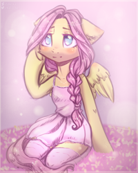 Size: 2000x2500 | Tagged: safe, artist:zefirka, character:fluttershy, species:pegasus, species:pony, alternate hairstyle, blushing, braid, clothing, cute, dress, female, fluffy, mare, semi-anthro, shyabetes, sitting, solo, stockings, thigh highs