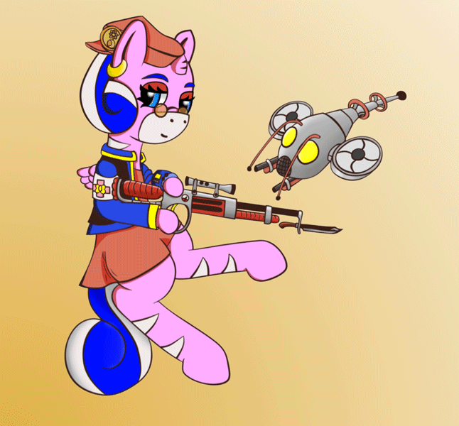 Size: 646x600 | Tagged: safe, artist:dice-warwick, artist:szafir87, oc, oc only, oc:harp melody, animated, clothing, commission, dress, drone, gif, gun, hat, horn, rifle, simple background, small horn, small wings, weapon, wings