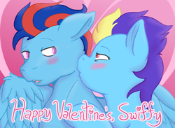 Size: 3000x2200 | Tagged: safe, artist:red note, oc, oc only, oc:andrew swiftwing, oc:blue angel, species:pegasus, species:pony, blushing, female, holiday, kissing, male, straight, valentine's day