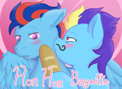 Size: 3000x2200 | Tagged: safe, alternate version, artist:red note, oc, oc only, oc:andrew swiftwing, oc:blue angel, baguette, blushing, bread, drool, food, kissing