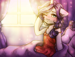 Size: 2500x1900 | Tagged: safe, artist:zefirka, character:rarity, species:pony, species:unicorn, alternate hairstyle, blushing, clothing, female, mare, one eye closed, solo, sun, sunlight, waking up