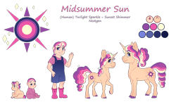 Size: 4300x2500 | Tagged: safe, artist:jackiebloom, oc, oc:midsummer sun, parent:sci-twi, parent:sunset shimmer, parent:twilight sparkle, parents:scitwishimmer, parents:sunsetsparkle, species:pony, species:unicorn, my little pony:equestria girls, baby, baby pony, female, filly, magical lesbian spawn, offspring, reference sheet, simple background, solo, transparent background