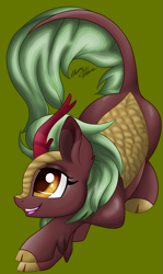 Size: 1969x3297 | Tagged: safe, artist:gleamydreams, character:cinder glow, character:summer flare, species:kirin, cinderbetes, cute, female, green background, kirinbetes, open mouth, profile, simple background, smiling, solo