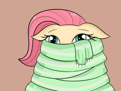 Size: 1600x1200 | Tagged: safe, artist:janelearts, character:fluttershy, species:pony, clothing, cozy, cute, digital art, female, floppy ears, mare, scarf, shyabetes, simple background, solo