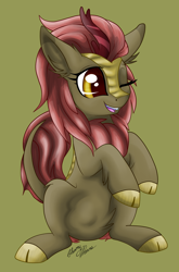 Size: 2006x3038 | Tagged: safe, artist:gleamydreams, character:maple brown, species:kirin, g4, background kirin, cloven hooves, colored hooves, cute, female, hooves, kirinbetes, one eye closed, open mouth, red hair, signature, sitting, smiling, solo, three quarter view, unshorn fetlocks, wink