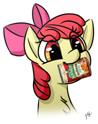 Size: 1080x1359 | Tagged: safe, artist:fakskis, character:apple bloom, species:earth pony, species:pony, beefaroni, bust, chef boyardee, chest fluff, eye clipping through hair, female, filly, mouth hold, portrait, simple background, solo, white background