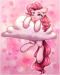 Size: 2000x2500 | Tagged: safe, artist:zefirka, character:pinkie pie, species:earth pony, species:pony, blep, cloud, cute, diapinkes, ear fluff, female, high res, on a cloud, one eye closed, solo, tongue out, wink