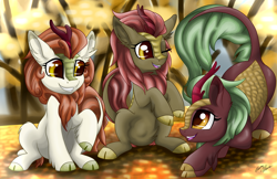 Size: 5100x3300 | Tagged: safe, artist:gleamydreams, character:autumn blaze, character:cinder glow, character:maple brown, character:summer flare, species:kirin, absurd resolution, awwtumn blaze, cinderbetes, cloven hooves, cute, ear fluff, high res, kirinbetes, looking at each other, one eye closed, open mouth, playing, raised hoof, sitting, smiling, trio