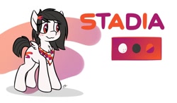 Size: 1280x747 | Tagged: safe, artist:fakskis, oc, oc only, oc:botched stadia, species:pegasus, species:pony, :3, blushing, chest fluff, clothing, female, fluffy, google stadia, ponified, ponified google product, ponified streaming service, reference sheet, scarf, simple background, small wings, solo, stadia, white background, wings
