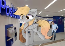 Size: 1446x1023 | Tagged: safe, artist:janelearts, character:derpy hooves, species:human, species:pegasus, species:pony, giant pony, irl, irl human, letter, macro, mailmare, mouth hold, photo, ponies in real life, post office