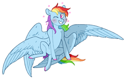 Size: 1020x639 | Tagged: safe, artist:jellybeanbullet, character:rainbow dash, species:pegasus, species:pony, blushing, female, four wings, multiple wings, one eye closed, simple background, sitting, smiling, solo, sparkles, spread wings, white background, wings, wink