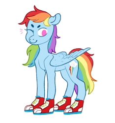 Size: 1094x1171 | Tagged: safe, artist:jellybeanbullet, character:rainbow dash, species:pegasus, species:pony, beanbrows, clothing, converse, cutie mark, eyebrows, female, no pupils, one eye closed, shoes, simple background, smiling, solo, white background, wings, wink