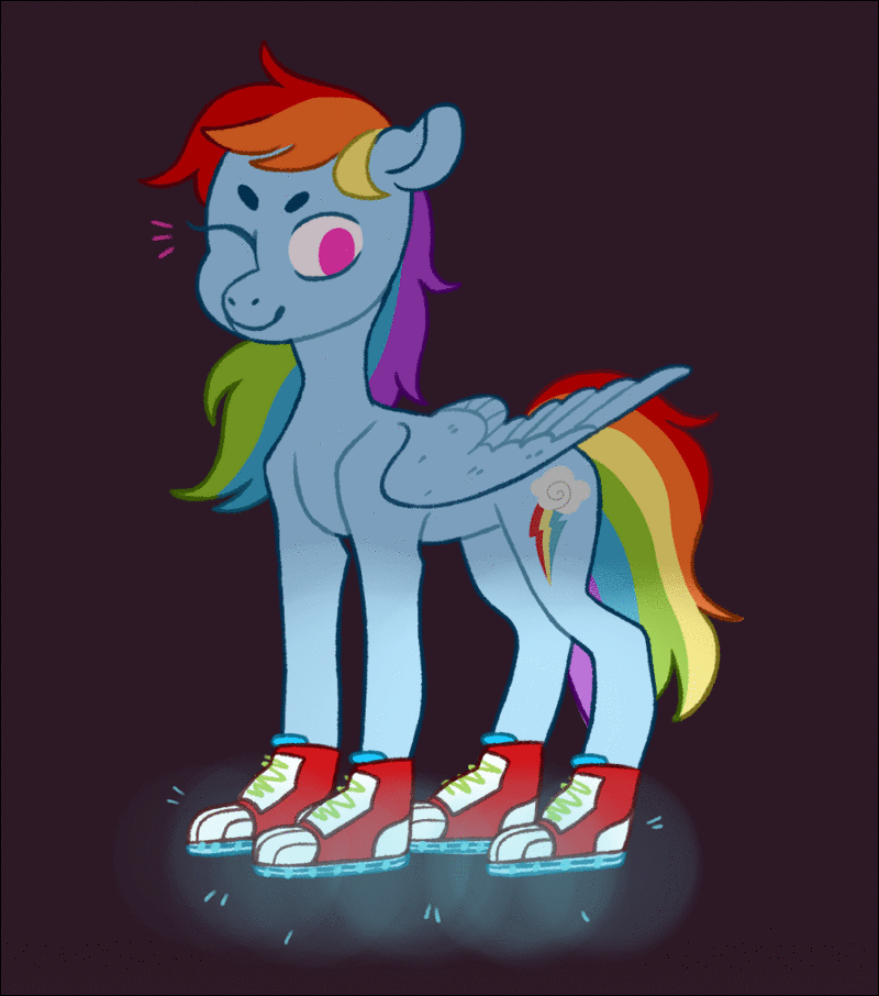 Size: 800x906 | Tagged: safe, artist:jellybeanbullet, character:rainbow dash, species:pegasus, species:pony, animated, beanbrows, black background, blushing, clothing, converse, cutie mark, eyebrows, female, glow, no pupils, one eye closed, shoes, simple background, smiling, solo, wings, wink