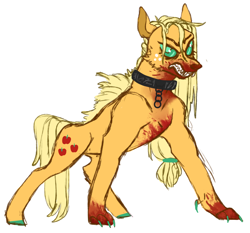 Size: 890x831 | Tagged: safe, artist:jellybeanbullet, character:applejack, species:earth pony, species:pony, bared teeth, blood, chains, claws, collar, cutie mark, female, hengstwolf, solo, transformation, werewolf