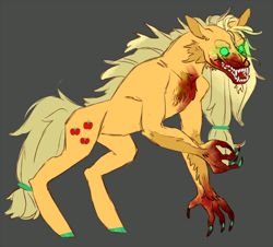 Size: 980x886 | Tagged: safe, artist:jellybeanbullet, character:applejack, species:earth pony, species:pony, blood, bloody, claws, colored claws, colored hooves, cutie mark, fangs, female, glowing eyes, gray background, green eyes, hengstwolf, mare, simple background, solo, transformation, werewolf