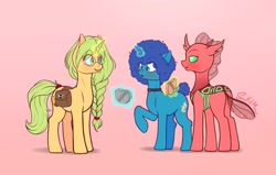 Size: 1280x815 | Tagged: safe, artist:soulfulmirror, oc, oc only, oc:clypeus, oc:cyanus blues, oc:honey nevaeh, species:changeling, species:pony, species:reformed changeling, species:unicorn, afro, bag, box of chocolates, braid, changeling oc, choker, female, glasses, magic, mare, pink background, saddle bag, simple background, telekinesis