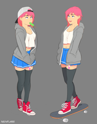 Size: 800x1020 | Tagged: safe, artist:noah-x3, oc, oc only, oc:neon flare, species:human, backwards ballcap, baseball cap, belly button, blue eyes, breasts, cap, cleavage, clothing, converse, female, food, gray background, hat, hoodie, humanized, jacket, midriff, miniskirt, piercing, pink hair, pleated skirt, popsicle, shoes, simple background, skateboard, skirt, sneakers, solo, stockings, thigh highs, zettai ryouiki