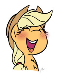 Size: 1150x1500 | Tagged: safe, artist:fakskis, character:applejack, species:earth pony, species:pony, applejack's hat, blushing, chest fluff, clothing, cowboy hat, cute, eyes closed, female, hat, jackabetes, mare, open mouth, simple background, solo, teeth, white background, yeehaw