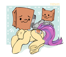 Size: 2602x2246 | Tagged: safe, artist:trickate, rcf community, oc, oc only, oc:paper bag, species:earth pony, species:pony, cat, chest fluff, commission, female, frog (hoof), paper bag, underhoof