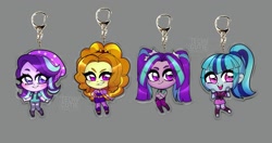 Size: 1289x682 | Tagged: safe, artist:techycutie, character:adagio dazzle, character:aria blaze, character:sonata dusk, character:starlight glimmer, my little pony:equestria girls, beanie, chibi, clothing, hat, keychain, merchandise, smiling, smirk