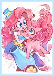 Size: 1191x1684 | Tagged: safe, artist:sibashen, character:pinkie pie, species:pony, g4, my little pony:equestria girls, bare shoulders, beautiful, clothing, colored eyelashes, colored pupils, cute, diapinkes, dress, fall formal outfits, happy, hug, human ponidox, looking at each other, open mouth, open smile, party cannon, ponidox, self ponidox, signature, sleeveless, smiling, strapless