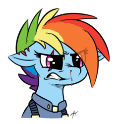 Size: 1450x1500 | Tagged: safe, artist:fakskis, character:rainbow dash, species:pegasus, species:pony, episode:the cutie re-mark, alternate hairstyle, alternate timeline, apocalypse dash, blood, clothing, crystal empire, crystal war timeline, eye clipping through hair, female, gritted teeth, mare, military uniform, nosebleed, scar, simple background, solo, torn ear, transparent background, uniform