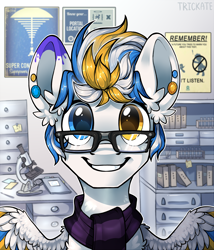 Size: 2200x2565 | Tagged: safe, alternate version, artist:trickate, rcf community, oc, oc only, oc:alan, species:pegasus, species:pony, bust, clothing, laboratory, looking at you, male, portal (valve), portrait, poster, scarf, solo, stallion