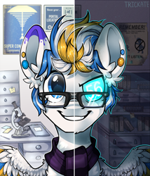 Size: 2200x2565 | Tagged: safe, alternate version, artist:trickate, rcf community, oc, oc only, oc:alan, species:pegasus, species:pony, bust, clothing, laboratory, male, portal (valve), portrait, poster, scarf, solo, stallion, two sided posters