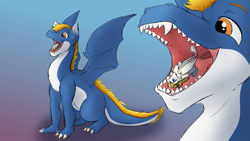Size: 1755x987 | Tagged: safe, artist:nyama, artist:silent-e, edit, oc, oc only, oc:der, oc:nyama, species:dragon, species:griffon, color edit, colored, flossing, micro, open mouth, sketch, teeth