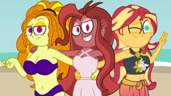 Size: 1024x576 | Tagged: safe, artist:jamesawilliams1996, character:adagio dazzle, character:sunset shimmer, oc, oc:mezma, my little pony:equestria girls, beach, belly button, clothing, disguise, disguised siren, one eye closed, peace sign, swimsuit, wink, wubcake