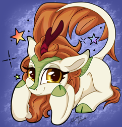 Size: 2202x2271 | Tagged: safe, artist:gleamydreams, character:autumn blaze, species:kirin, awwtumn blaze, blue background, cute, female, high res, kirinbetes, looking at you, prone, raised tail, simple background, solo, stars, tail