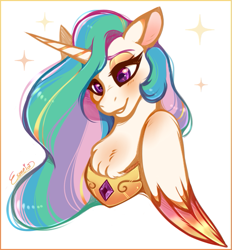 Size: 659x709 | Tagged: safe, artist:esmeia, character:princess celestia, species:alicorn, species:pony, bust, chest fluff, colored ears, colored wings, cute, cutelestia, female, mare, peytral, portrait, simple background, solo, sparkles, two toned wings, white background, wings