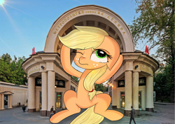 Size: 3508x2480 | Tagged: safe, artist:janelearts, character:applejack, species:earth pony, species:human, species:pony, cyrillic, giant pony, irl, macro, photo, ponies in real life, russian, sky, tree