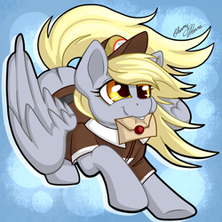 Size: 2235x2237 | Tagged: safe, artist:gleamydreams, character:derpy hooves, species:pegasus, species:pony, blonde, clothing, cute, derpabetes, female, hat, letter, mail, mailmare, mare, mouth hold, solo, super smash bros., wings