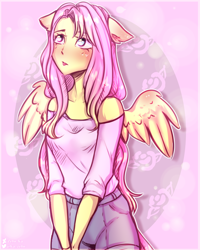 Size: 2000x2500 | Tagged: safe, artist:zefirka, character:fluttershy, species:human, blushing, clothing, cute, eared humanization, female, humanized, shyabetes, solo, winged humanization, wings