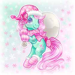 Size: 1000x1000 | Tagged: safe, artist:conphettey, character:minty, g3, bow, clothing, cute, hair bow, hat, mintabetes, santa sack, scarf, socks, tail bow, winter minty