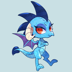 Size: 640x640 | Tagged: safe, artist:sibashen, character:princess ember, species:dragon, blue background, chibi, crossed arms, cute, dragoness, emberbetes, female, gray background, obtrusive watermark, simple background, slit pupils, solo, watermark