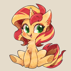 Size: 640x640 | Tagged: safe, artist:sibashen, character:sunset shimmer, species:pony, species:unicorn, chest fluff, chibi, cute, ear fluff, female, looking at you, mare, obtrusive watermark, shimmerbetes, sitting, smiling, solo, tan background, underhoof, watermark