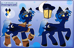 Size: 4100x2684 | Tagged: source needed, safe, artist:hakkids2, oc, oc only, oc:midnight oil, species:pegasus, species:pony, abstract background, boots, clothing, female, goggles, jacket, lidded eyes, mare, raised hoof, reference sheet, shoes, smiling, steampunk, tail wrap