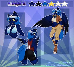Size: 1334x1200 | Tagged: safe, artist:hakkids2, oc, oc only, oc:midnight oil, species:anthro, species:pegasus, species:pony, species:unguligrade anthro, belly button, clothing, female, fingerless gloves, freckles, gloves, jacket, midriff, smiling, spread wings, steampunk, wings