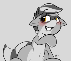 Size: 1700x1450 | Tagged: safe, artist:fakskis, oc, oc only, oc:bandy cyoot, species:pony, 30minuteschallenge, belly button, blushing, cute, female, floppy ears, hybrid, mare, mischievous, raccoon, raccoon pony, raised eyebrow, sitting, smiling, smirk, solo, teeth